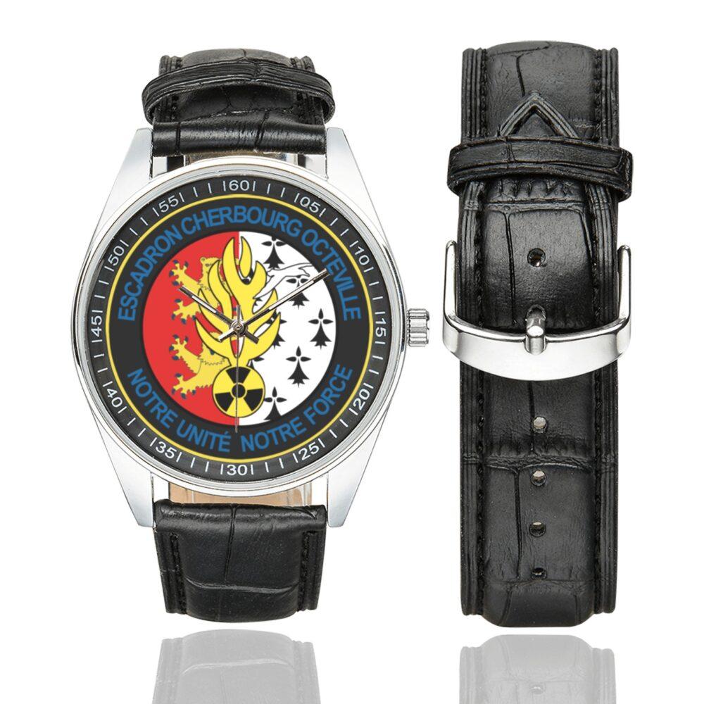 Men's casual watch with a round dial featuring the EGM 25-3 Cherbourg-Octeville emblem, silver-tone case and black leather strap, shown with the strap to the side.