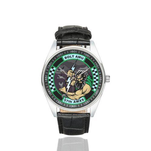 Men's casual watch with a round dial featuring the USAF 57TH AMXS BOLT AMU F-35 emblem, silver-tone case and black leather strap.