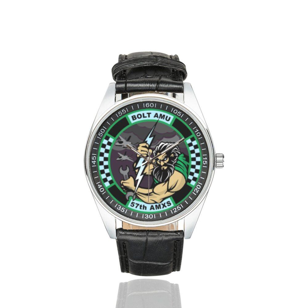 Men's casual watch with a round dial featuring the USAF 57TH AMXS BOLT AMU F-35 emblem, silver-tone case and black leather strap.