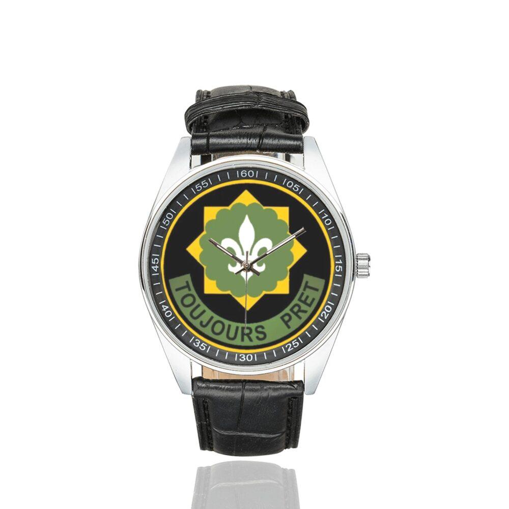 Men's casual watch with a round dial featuring the US Army 2nd Armored Cavalry Regiment emblem, silver-tone case and black leather strap.