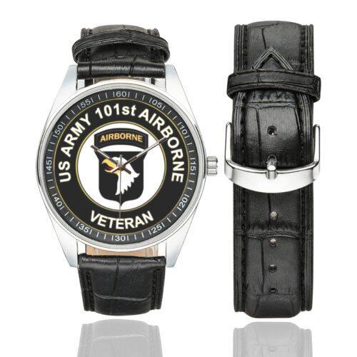 Men's casual watch with a round dial featuring the US Army 101st Airborne Division Veteran emblem, silver-tone case and black leather strap, shown with the strap to the side.