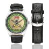 Men's casual watch with a round dial featuring the Australian 1st Commando Brigade emblem, silver-tone case and black leather strap, shown with the strap to the side.