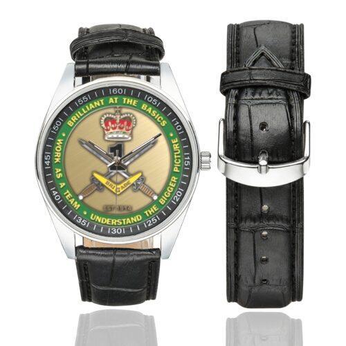 Men's casual watch with a round dial featuring the Australian 1st Commando Brigade emblem, silver-tone case and black leather strap, shown with the strap to the side.