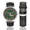 Men's casual watch with a round dial featuring the Mexican Special Forces Group emblem, silver-tone case and black leather strap, shown with the strap to the side.