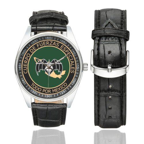 Men's casual watch with a round dial featuring the Mexican Special Forces Group emblem, silver-tone case and black leather strap, shown with the strap to the side.