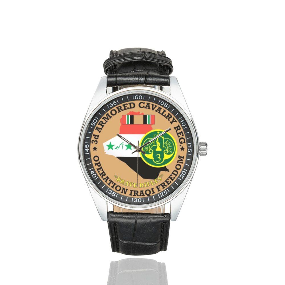 Men's casual watch with a round dial featuring the US Army 3rd Cavalry Regiment OIF Veteran emblem, silver-tone case and black leather strap.