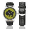 Men's casual watch with a round dial featuring the US 92nd Infantry Division emblem, silver-tone case and black leather strap, shown with the strap to the side.