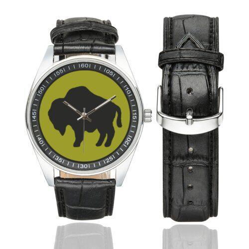 Men's casual watch with a round dial featuring the US 92nd Infantry Division emblem, silver-tone case and black leather strap, shown with the strap to the side.