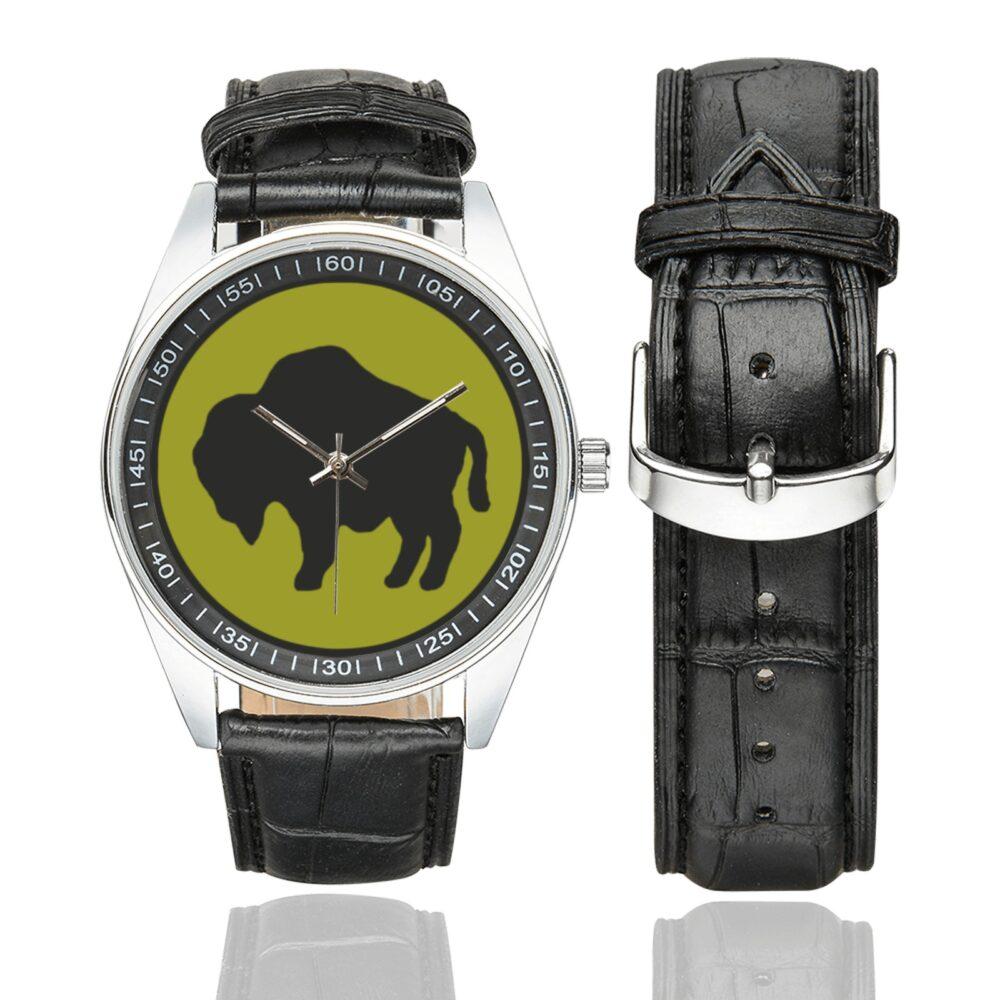 Men's casual watch with a round dial featuring the US 92nd Infantry Division emblem, silver-tone case and black leather strap, shown with the strap to the side.