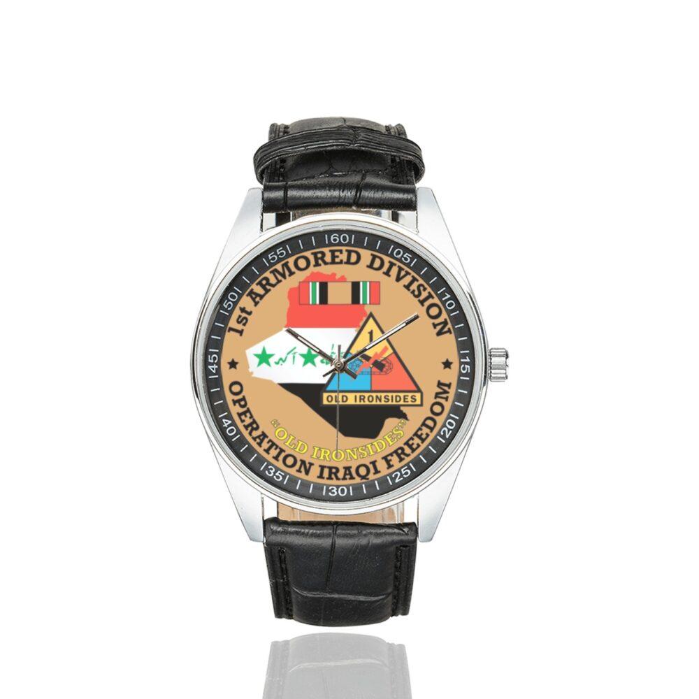 Men's casual watch with a round dial featuring the US Army 1st Armored Division OEF Veteran - emblem, silver-tone case and black leather strap.