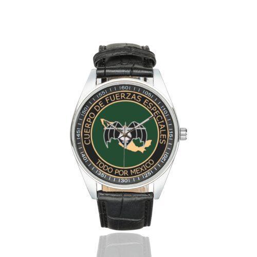 Men's casual watch with a round dial featuring the Mexican Special Forces Group emblem, silver-tone case and black leather strap.