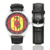 Men's casual watch with a round dial featuring the US Army 5th Infantry Division vietnam veteran 68-71 emblem, silver-tone case and black leather strap, shown with the strap to the side.