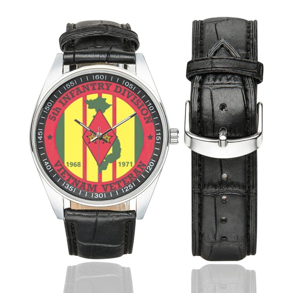 Men's casual watch with a round dial featuring the US Army 5th Infantry Division vietnam veteran 68-71 emblem, silver-tone case and black leather strap, shown with the strap to the side.
