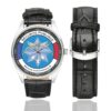 Men's casual watch with a round dial featuring the BAC emblem, silver-tone case and black leather strap, shown with the strap to the side.