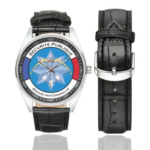 Men's casual watch with a round dial featuring the BAC emblem, silver-tone case and black leather strap, shown with the strap to the side.