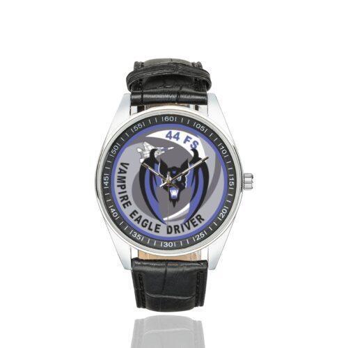 Men's casual watch with a round dial featuring the USAF 44th Fighter Squadron Vampire Eagle Driver emblem, silver-tone case and black leather strap.