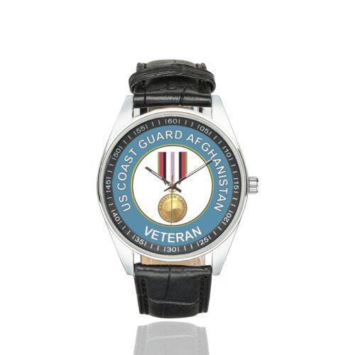 Men's casual watch with a round dial featuring the US Coast Guard Afghanistan Veteran emblem, silver-tone case and black leather strap.