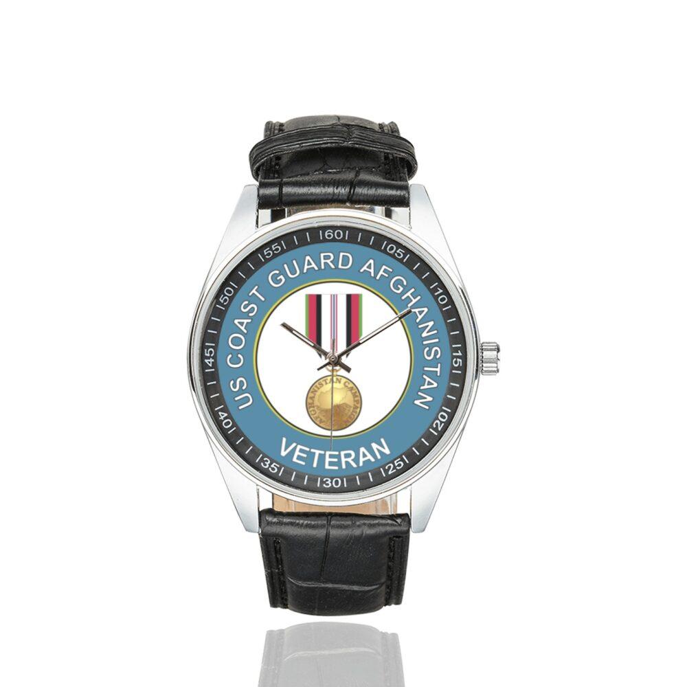 Men's casual watch with a round dial featuring the US Coast Guard Afghanistan Veteran emblem, silver-tone case and black leather strap.