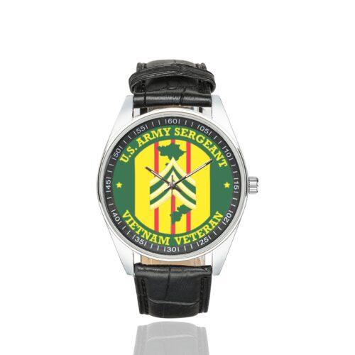Men's casual watch with a round dial featuring the US Army Sergeant Vietnam Veteran emblem, silver-tone case and black leather strap.
