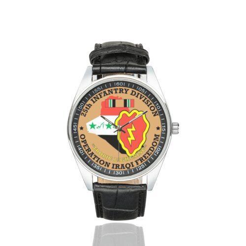 Men's casual watch with a round dial featuring the US Army 25th Infantry Division OIF Veteran emblem, silver-tone case and black leather strap.