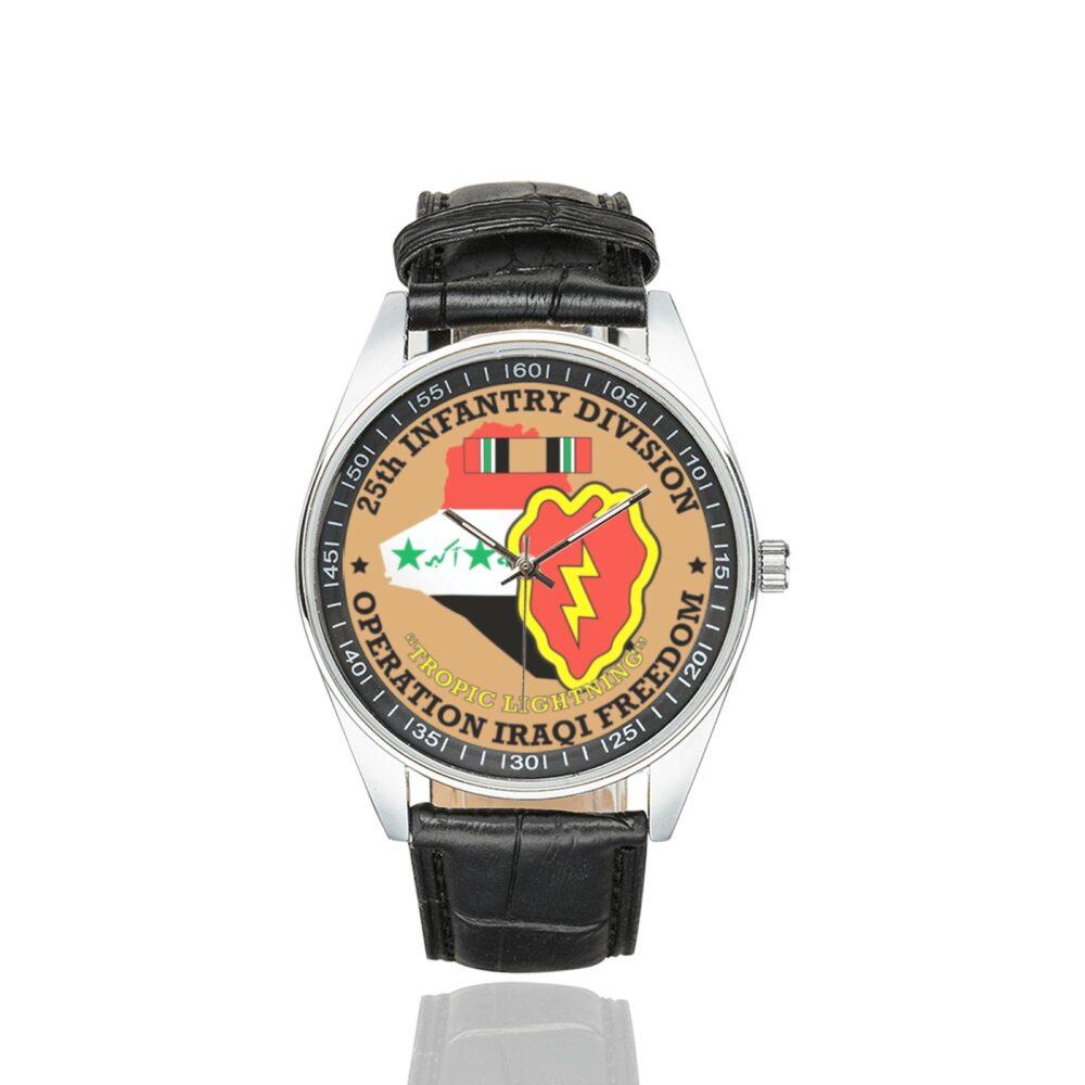 Men's casual watch with a round dial featuring the US Army 25th Infantry Division OIF Veteran emblem, silver-tone case and black leather strap.