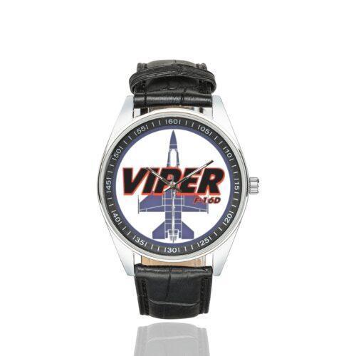 Men's casual watch with a round dial featuring the USAF F-16D Fighter Jet emblem, silver-tone case and black leather strap.