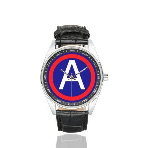 Men's casual watch with a round dial featuring the US-3A-SSI emblem, silver-tone case and black leather strap.