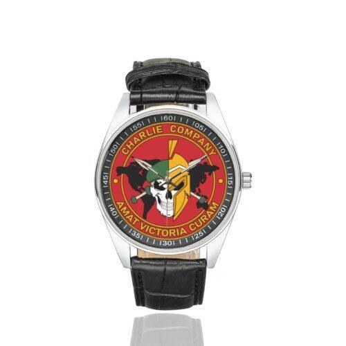 Men's casual watch with a round dial featuring the 1st Infantry Battalion International Legion Charlie company emblem, silver-tone case and black leather strap.