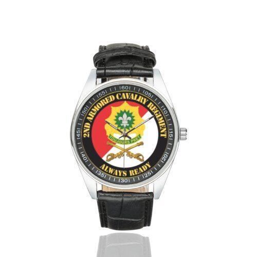 Men's casual watch with a round dial featuring the US Army 2nd Armored Cavalry Regiment v2 emblem, silver-tone case and black leather strap.