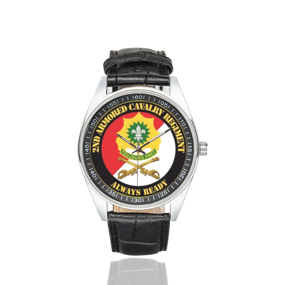Men's casual watch with a round dial featuring the US Army 2nd Armored Cavalry Regiment v2 emblem, silver-tone case and black leather strap.