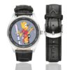 Men's casual watch with a round dial featuring the USAF 128th Fighter Squadron emblem, silver-tone case and black leather strap, shown with the strap to the side.