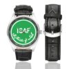 Men's casual watch with a round dial featuring the International Security Assistance Force emblem, silver-tone case and black leather strap, shown with the strap to the side.