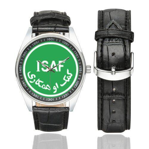 Men's casual watch with a round dial featuring the International Security Assistance Force emblem, silver-tone case and black leather strap, shown with the strap to the side.