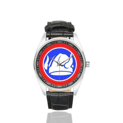 Men's casual watch with a round dial featuring the 47th Division Shoulder Patch emblem, silver-tone case and black leather strap.