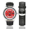Men's casual watch with a round dial featuring the Fire Department emblem, silver-tone case and black leather strap, shown with the strap to the side.