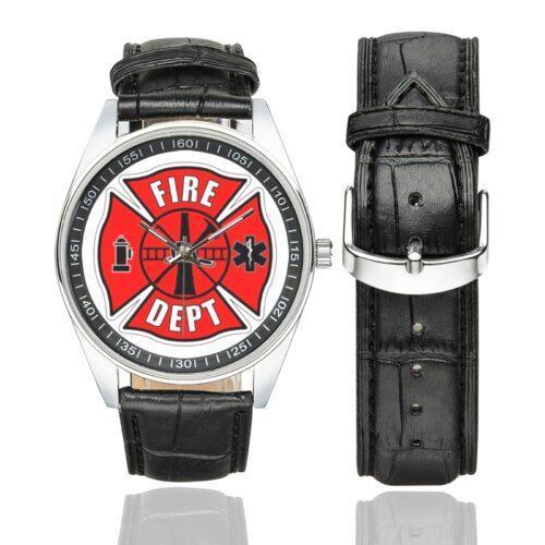 Men's casual watch with a round dial featuring the Fire Department emblem, silver-tone case and black leather strap, shown with the strap to the side.