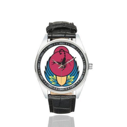 Men's casual watch with a round dial featuring the 105th Squadron of the Israeli Air Force emblem, silver-tone case and black leather strap.