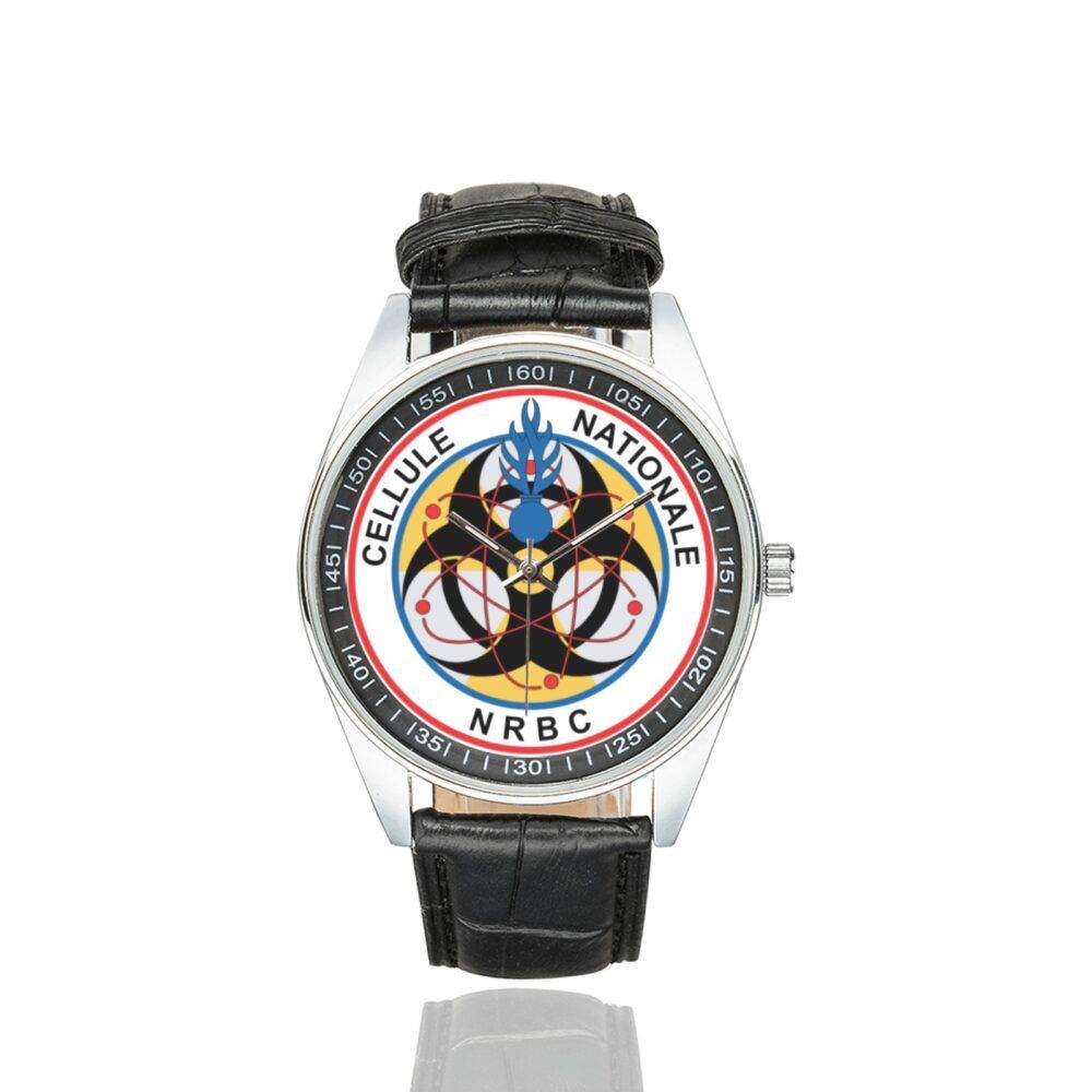 Men's casual watch with a round dial featuring the Cellule Nationale NRBC (C2NRBC) emblem, silver-tone case and black leather strap.