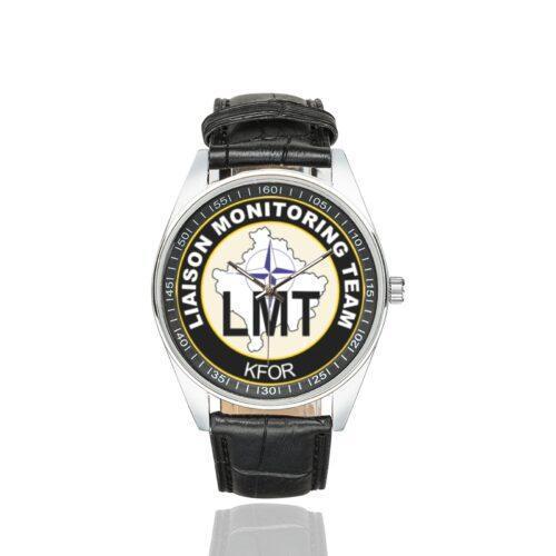 Men's casual watch with a round dial featuring the NATO KFOR Liason Monitoring emblem, silver-tone case and black leather strap.
