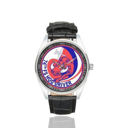 Men's casual watch with a round dial featuring the USAF 74th Fighter Squadron Hog Driver emblem, silver-tone case and black leather strap.
