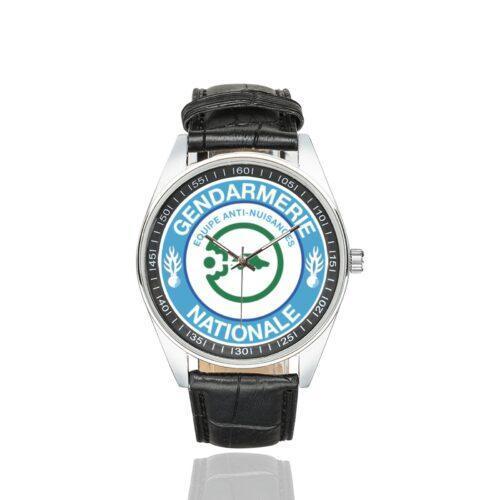 Men's casual watch with a round dial featuring the Ecusson Anti-Nuisances emblem, silver-tone case and black leather strap.