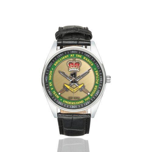 Men's casual watch with a round dial featuring the Australian 1st Commando Brigade emblem, silver-tone case and black leather strap.