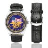 Men's casual watch with a round dial featuring the NATO KFOR Liason Monitoring emblem, silver-tone case and black leather strap, shown with the strap to the side.