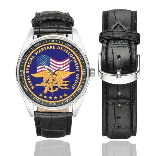 Men's casual watch with a round dial featuring the NATO KFOR Liason Monitoring emblem, silver-tone case and black leather strap, shown with the strap to the side.