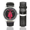 Men's casual watch with a round dial featuring the US Army 1st Special Forces Delta Force emblem, silver-tone case and black leather strap, shown with the strap to the side.