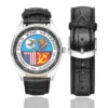 Men's casual watch with a round dial featuring the Cold War Veteran emblem, silver-tone case and black leather strap, shown with the strap to the side.