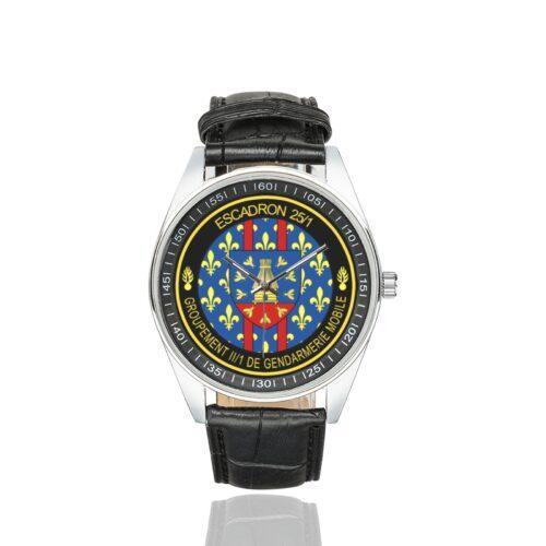 Men's casual watch with a round dial featuring the EGM 25-1 Maisons-Alfort emblem, silver-tone case and black leather strap.