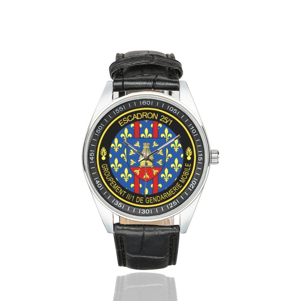 Men's casual watch with a round dial featuring the EGM 25-1 Maisons-Alfort emblem, silver-tone case and black leather strap.