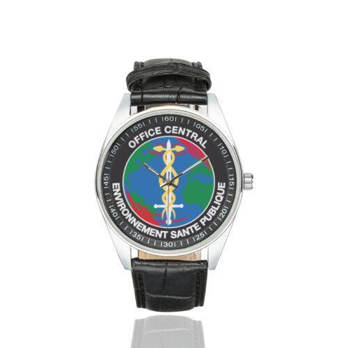 Men's casual watch with a round dial featuring the OCLAESP emblem, silver-tone case and black leather strap.