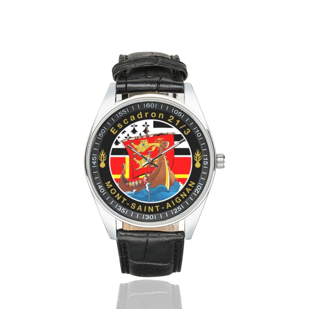 Men's casual watch with a round dial featuring the EGM 21-3 Mont-Saint-Aignan emblem, silver-tone case and black leather strap.